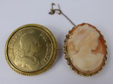 An Antique Shell Cameo in 9 ct Gold Mount, together with a Charles II Crown in 14 ct gold mount dd