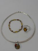 A Collection of Miscellaneous Silver Jewellery, including 925 hallmark solid link and amber pendant,