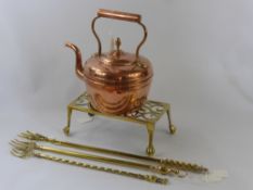 A Quantity of Vintage Copper and Brass, including a copper kettle, brass trivet and three toasting