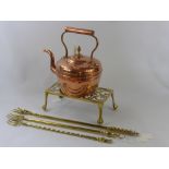 A Quantity of Vintage Copper and Brass, including a copper kettle, brass trivet and three toasting