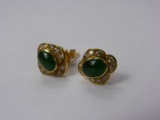 A Pair of 14 ct Yellow Gold Cabachon Emerald and Diamond Earrings, emeralds approx 6 x 4 mm total