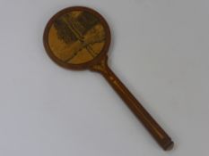 A Vintage Oak Handmade Hand Mirror, the mirror illustrated with a scene of children playing, with