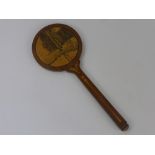 A Vintage Oak Handmade Hand Mirror, the mirror illustrated with a scene of children playing, with