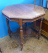 A Mahogany Victorian Octagonal Table, on turned legs with curved supports on lower shelf, approx