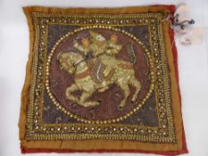 Two Siamese Applique Cushion Beaded and Sequined Panels, depicting mounted court entertainers,