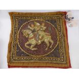 Two Siamese Applique Cushion Beaded and Sequined Panels, depicting mounted court entertainers,