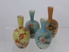 Four Antique Japanese Hand Painted Glass Finish Porcelain Vases, depicting flowers, birds and