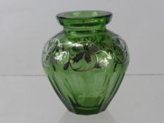 A Quantity of Green Italian Glass Hand Painted with Silver, comprising a decanter with stopper, five