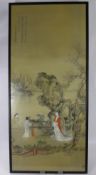 A Japanese Fabric Print, depicting ladies in a garden, character marks to top and bottom, approx