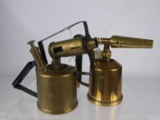 Three Vintage Brass Blow Torches, including Burmos, The Premier, Smallwood Bros., and the Monitor