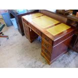 A Reproduction Office Desk, four short drawers to either side and one single central drawer, mustard