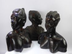 Three Rosewood Tribal Busts, depicting two feminine figures with elaborately braided hair together