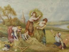 After Birket Foster, A watercolour depicting young woman harvesting, approx 26 x 18 cms, monogram