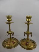 A Pair of Antique Brass Candle Sticks, the candle sticks with raised insects (beetles) decorated