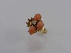 A 14 ct Yellow Gold Coral and Diamond Ring, 1 coral missing, size I, approx wt 4 gms.