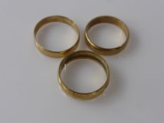 Three 9 ct Gold Wedding Bands, size 2 x S, 1 x R, approx wt 8.8 gms.