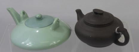 Two Japanese Tea Pots, one celadon green glazed, the other brown glaze of simple form with character