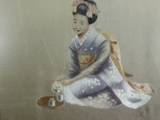 A Japanese Woven Silk Painting, depicting a Geisha, character marks to lower right, approx 25 x 33