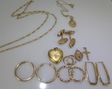 A Collection of Miscellaneous 9 ct Gold Jewellery, including earrings, pendant, chains, gentleman'