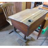 Four Mahogany Wheel Back Chairs, together with a vintage pine child's school desk, with lift up