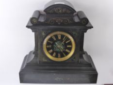 A 19th Century French Black Slate and Green Marble Mantel Clock, of architectural design, with black