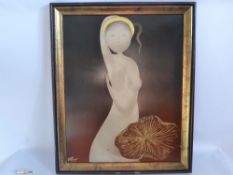 A Japanese Lacquered Panel, depicting a nude signed lower left, approx 58 x 74 cms.