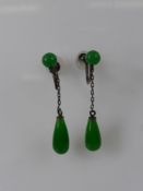 A Pair of Lady's Silver and Apple Green Jade Earrings, together with a pair of 9 ct white stone