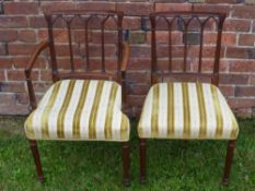 Eight Hepplewhite Style Dining Chairs, including two carvers, upholstered in a Regency stripe.