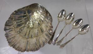 A Silver Plated Oyster Shell Bon Bon Dish, together with four silver coffee spoons with various