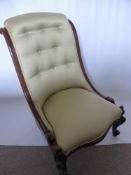 A Victorian Slipper Chair, mahogany frame on carved feet, with celadon green upholstery.