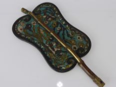 An Antique Chinese Cloisonné Hand Mirror, the mirror with bamboo handle decorated with bird of