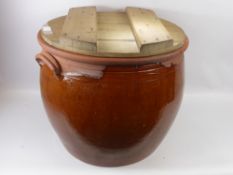 An Antique Large Terracotta Twin Handled Jardiniere, with pine covered top, possibly for