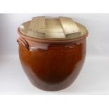 An Antique Large Terracotta Twin Handled Jardiniere, with pine covered top, possibly for