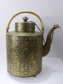 A Qajar Islamic Coffee Pot, of cylindrical design and decorated with brass floral inlay, with twin