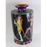 An Art Deco Style Enamel Painted Vase, depicting ladies in various costumes and signed Eleanore