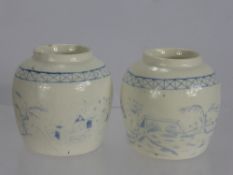 A Pair of Antique English Blue and White Ginger Jars, hand painted oriental design, the jars