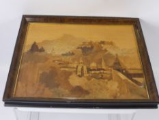 A Textured Marquetry Panel, depicting a Bavarian scene, approx 32 x 27 cms together with another