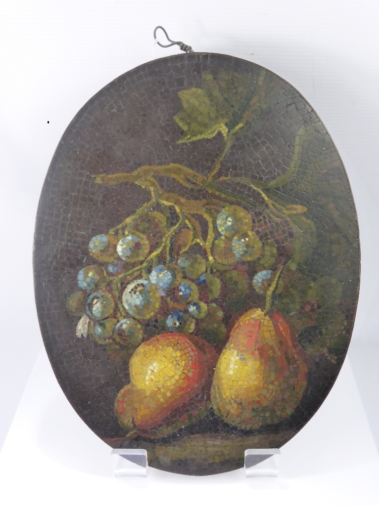 An Antique Oval Enamel on Copper Mosaic Painting, depicting a basket of fruit, approx 31 x 23 cms.