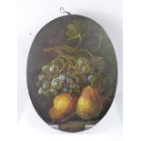 An Antique Oval Enamel on Copper Mosaic Painting, depicting a basket of fruit, approx 31 x 23 cms.