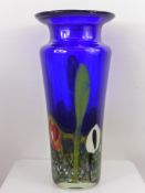 A Fine Royal Blue Murano Glass Vase, the vase decorated with flowers and signed, approx 35 cms