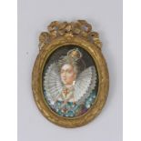An Antique Enamel on Metal Portrait Miniature of Queen Elizabeth I, depicted wearing a gown