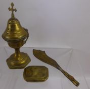 A Collection of Miscellaneous Brass, including a Georgian snuff box, antique incense burner of