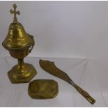 A Collection of Miscellaneous Brass, including a Georgian snuff box, antique incense burner of