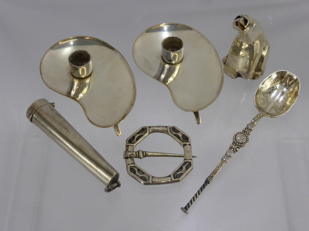 A Pair of Silver Plate Danish Miniature Taper Candle Holders, in the form of artist's palettes, mm