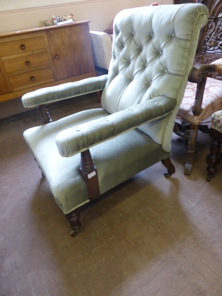 An Antique Arm Chair, with turned legs and mahogany frame covered in celadon green velvet. - Image 2 of 2