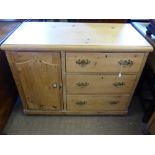 A Vintage Pine Cabinet, three short drawers and a single cupboard, brass swan neck handles approx