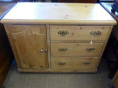 A Vintage Pine Cabinet, three short drawers and a single cupboard, brass swan neck handles approx