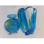 A Mdina Glass Sculpture signed to base together with an aquamarine Mdina style vase and four