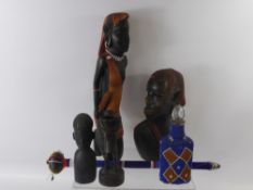 A Collection of Tribal Ware, including a beaded 'knob kerrie', a glass bottle, two tribal masks