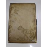 A Solid Silver Engine Turned Cigarette Case, the gilded cigarette case engraved with a spaniel,